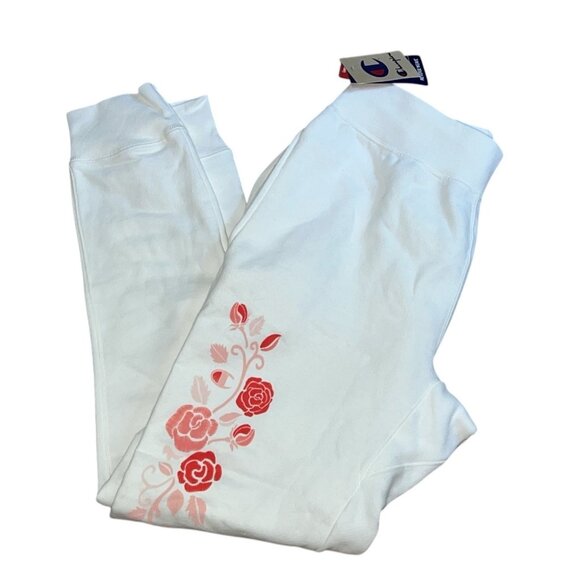 Champion Reverse Weave Pink Floral Sweat Pants Sz Medium White Womens Back Pocke - Picture 1 of 7